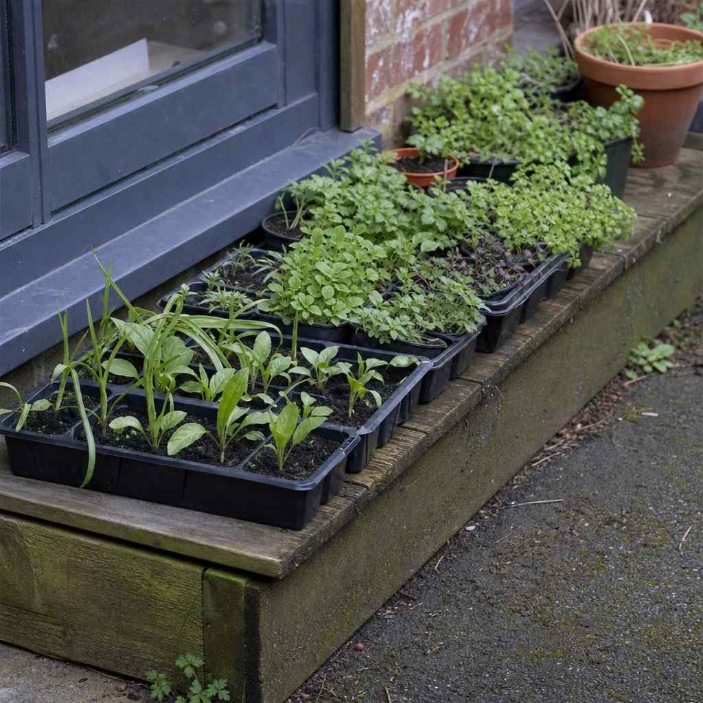 spring seedling trays being hardened off by a back door