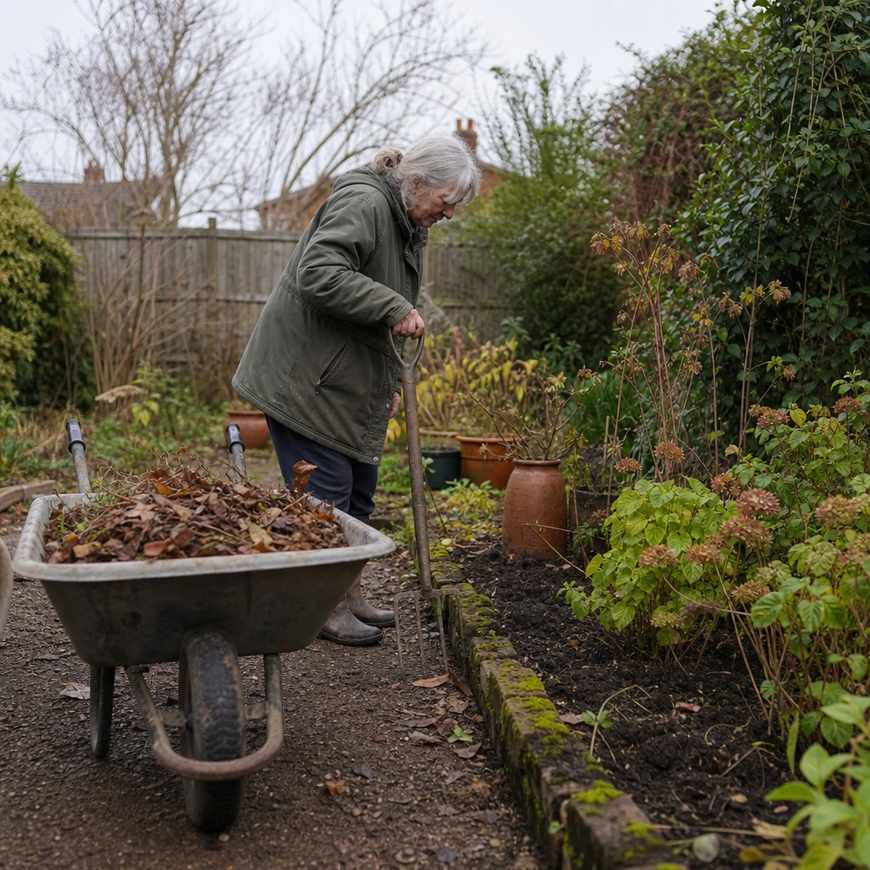 autumn garden tidy-up with a wheelbarrow of fallen leaves