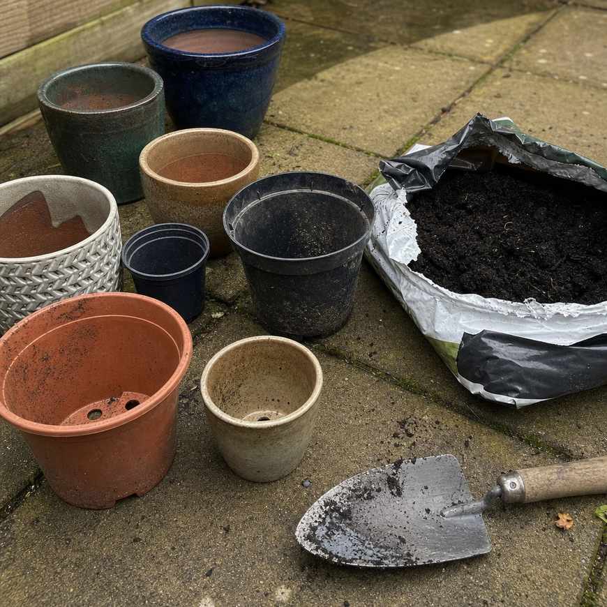 assorted pots with drainage holes and a bag of peat-free compost