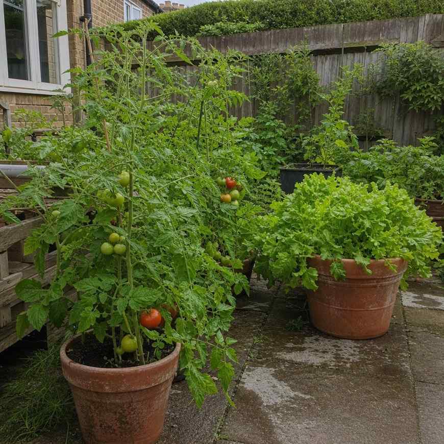 tomatoes and salad growing in large pots on a sunny patio