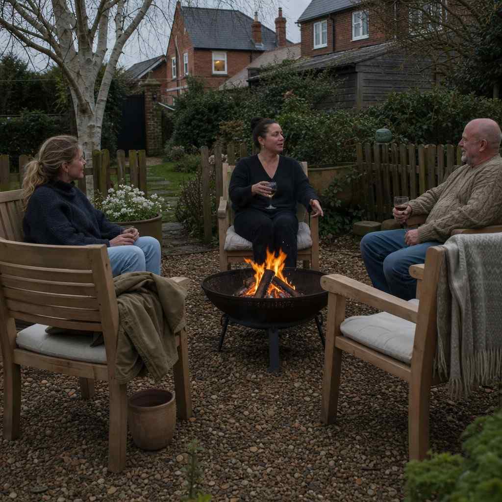 chairs with cushions arranged around a fire pit in a cosy garden corner