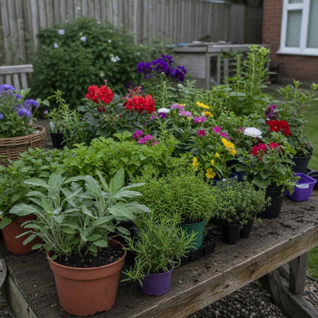 an assortment of potted plants and herbs grouped on a garden table