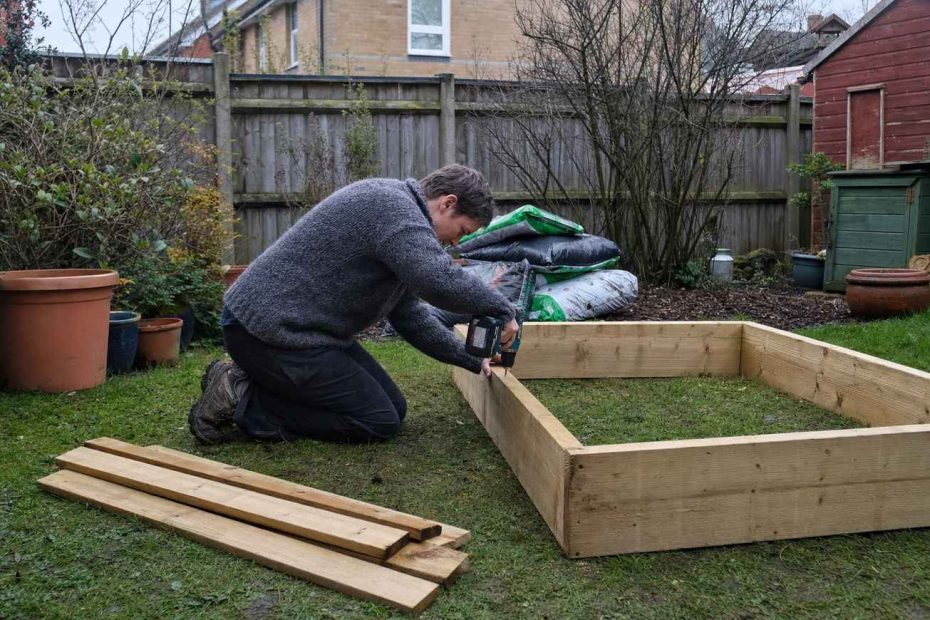 a person assembling a wooden raised garden bed on a lawn