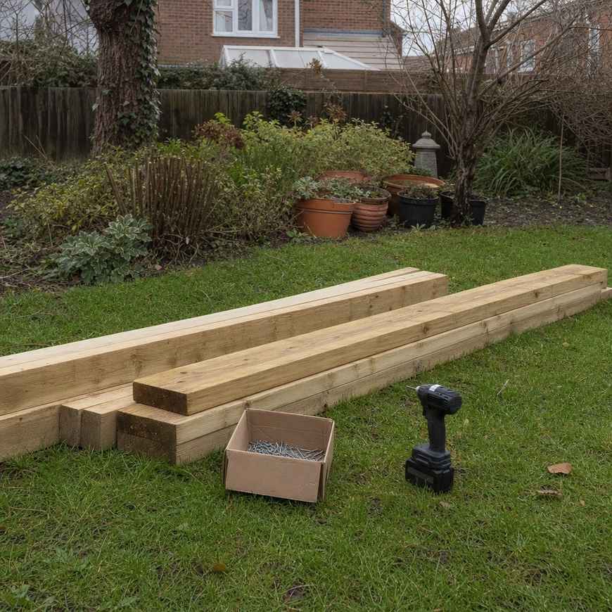 timber boards, screws and a drill laid out ready to build a raised bed