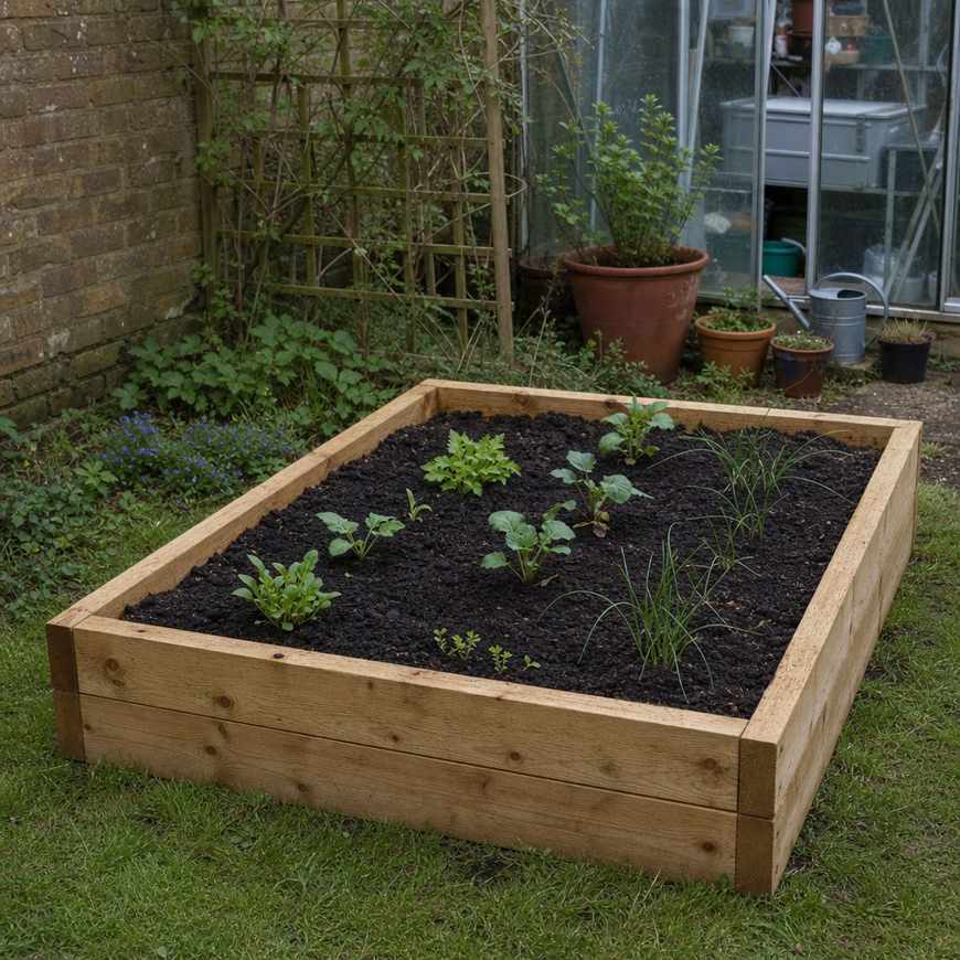 a finished wooden raised bed filled with compost and young plants