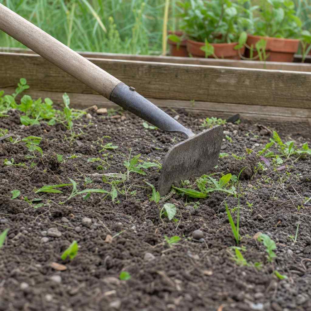 a hoe slicing off small weeds in a dry vegetable bed