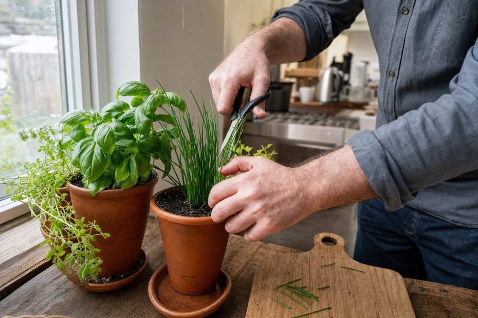 a person snipping fresh herbs from pots on a kitchen windowsill