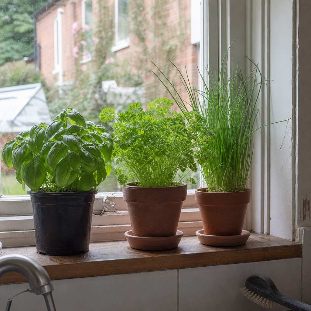 a row of small herb pots on a sunny kitchen windowsill