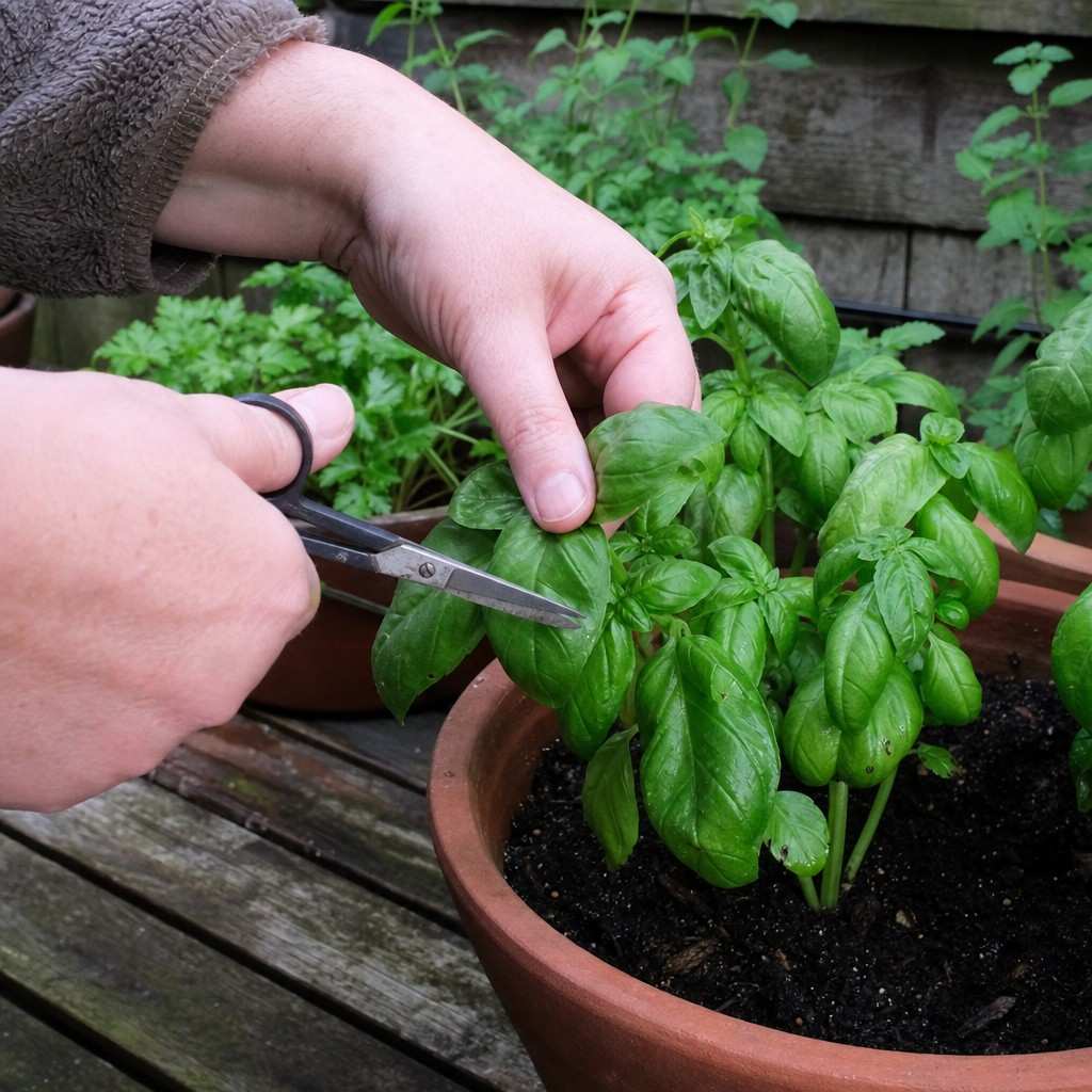 a hand snipping fresh basil leaves with scissors