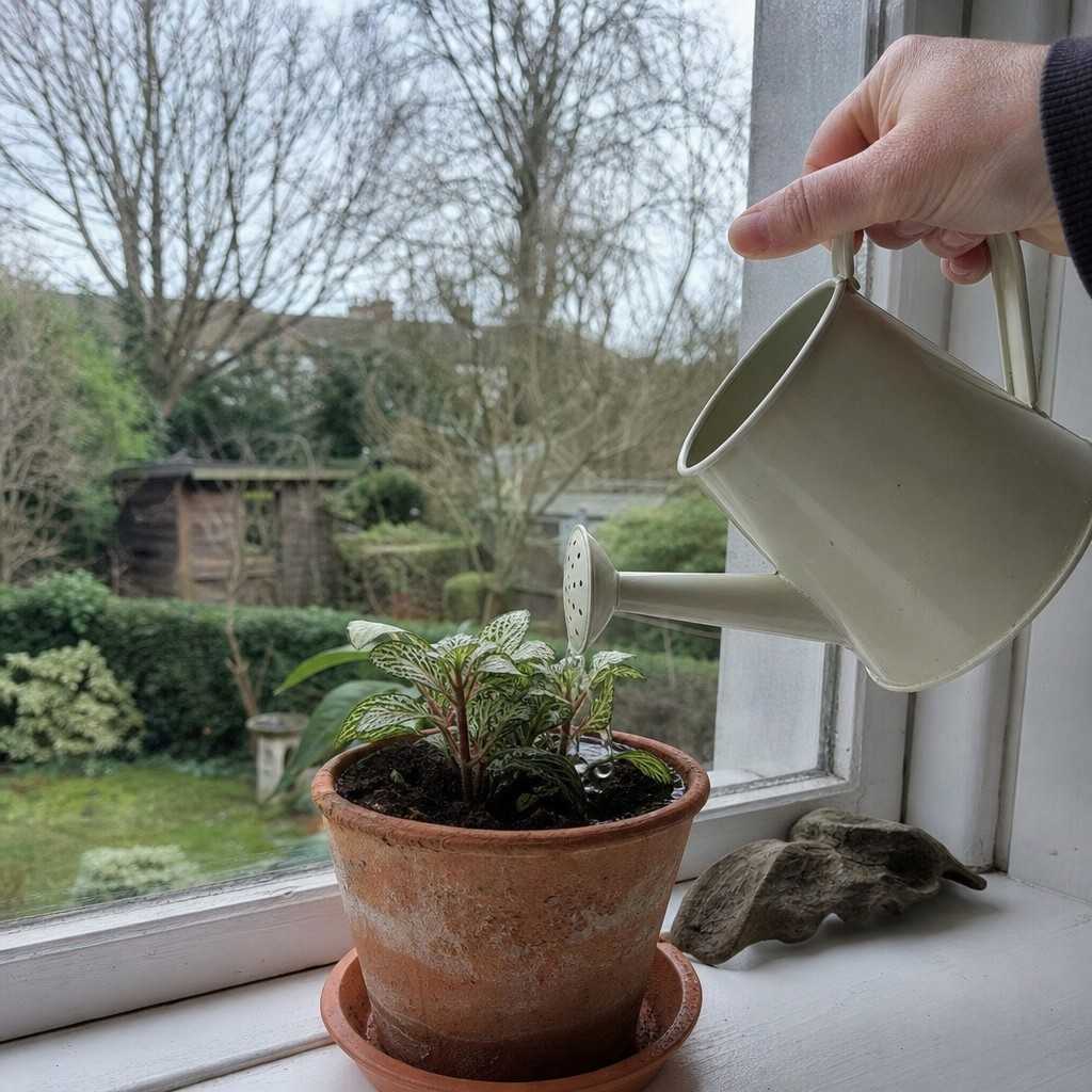 a small amount of water given to a potted houseplant in winter