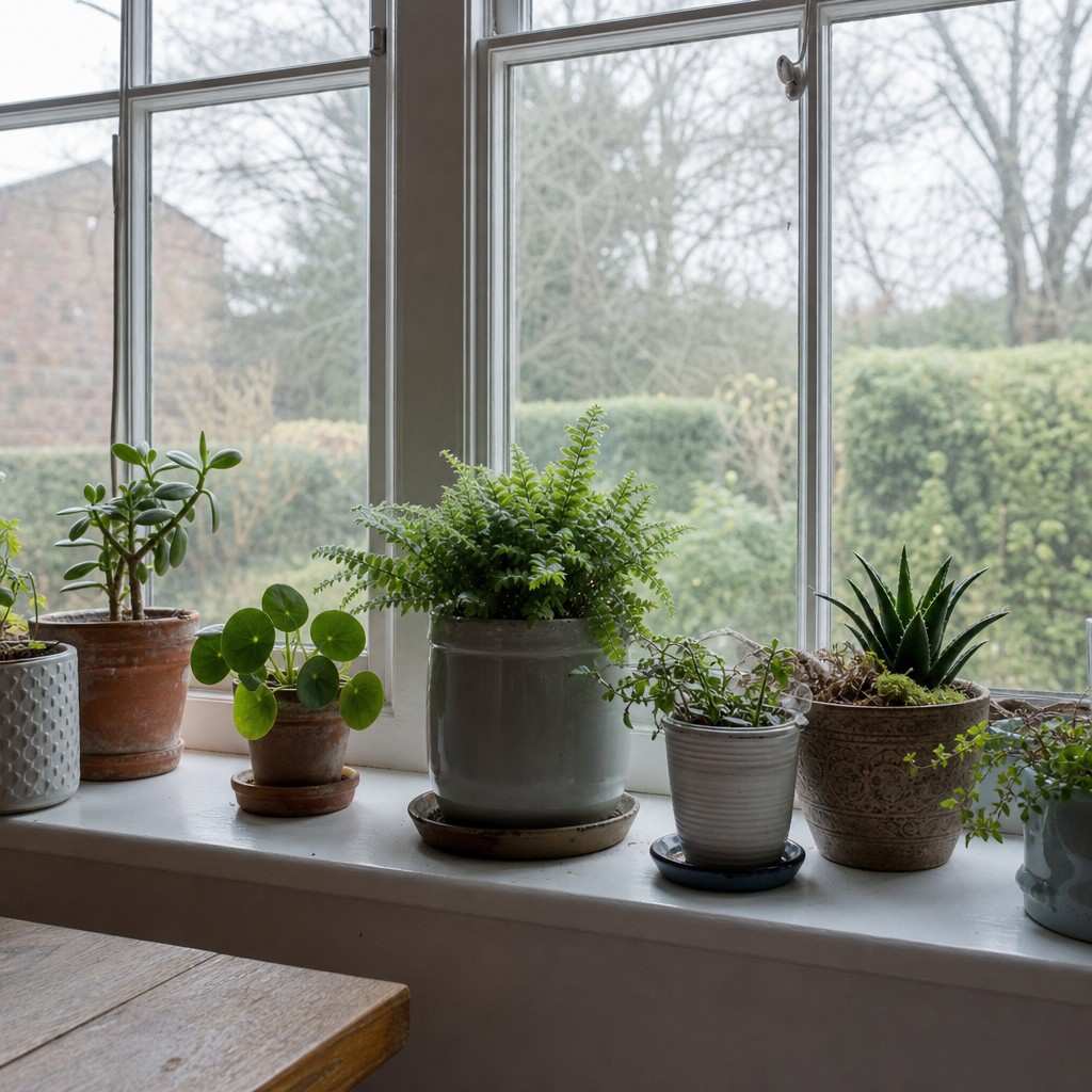 houseplants grouped on a bright windowsill away from a radiator