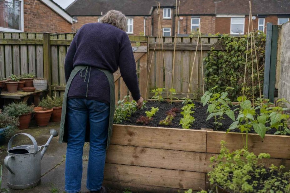 a person in an apron tending a new wooden raised vegetable bed, seen from behind