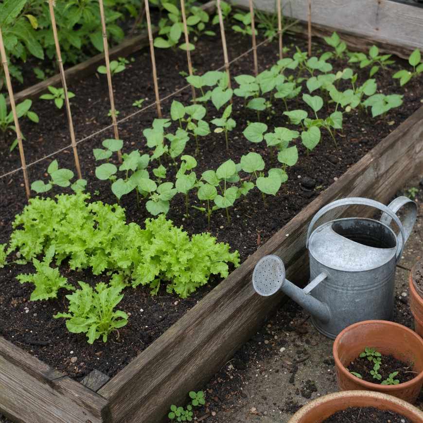 rows of young vegetables growing in a bed with a watering can