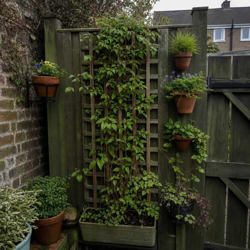 a trellis with climbing plants and wall pots on a small garden fence