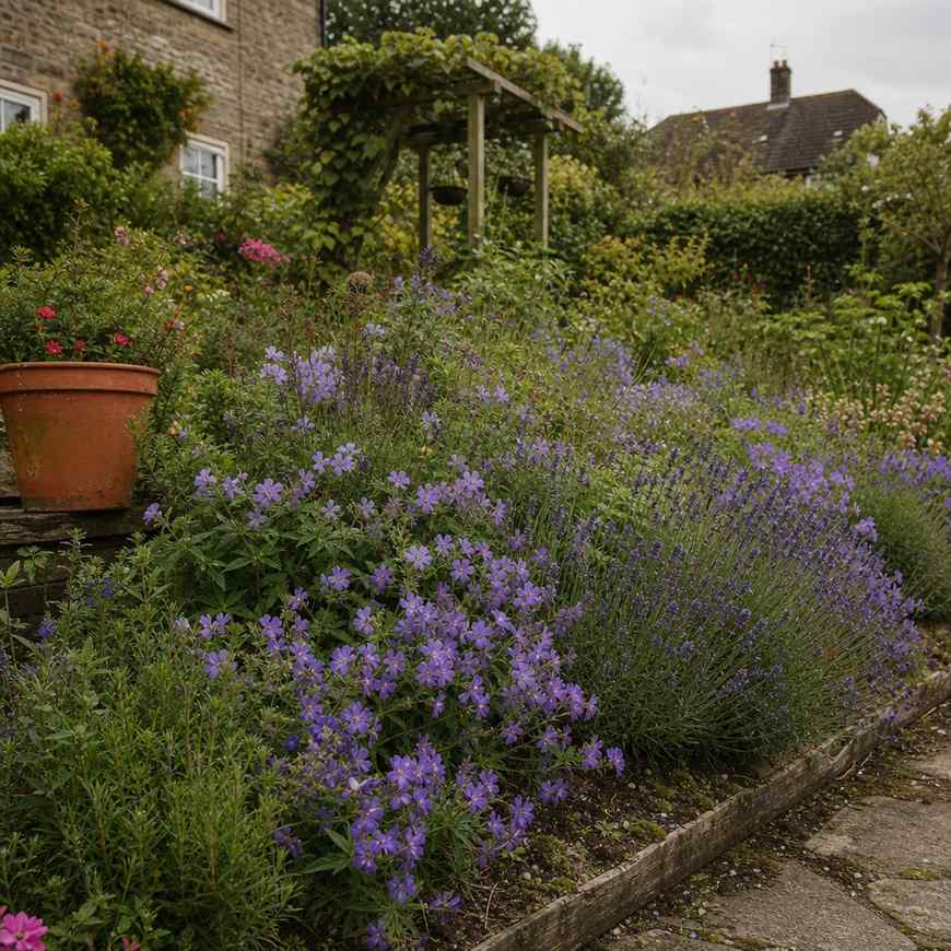 hardy perennial geraniums and lavender flowering in a relaxed border