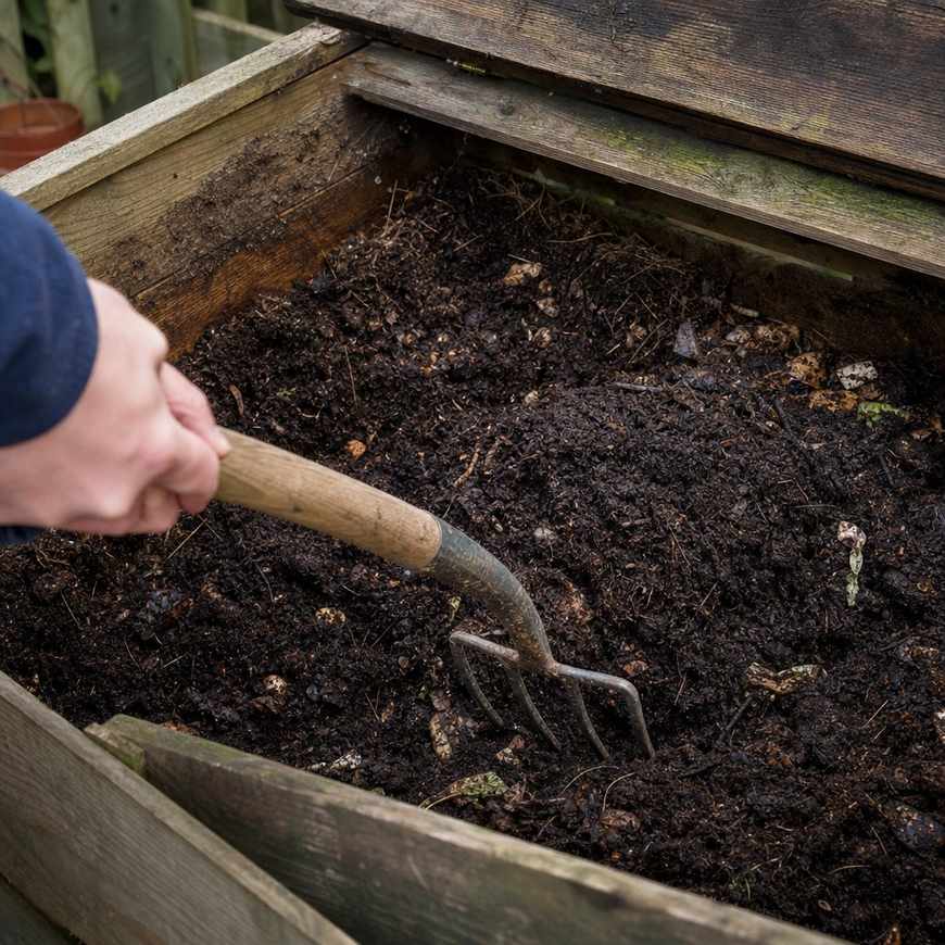 a fork turning dark crumbly finished compost in a bin