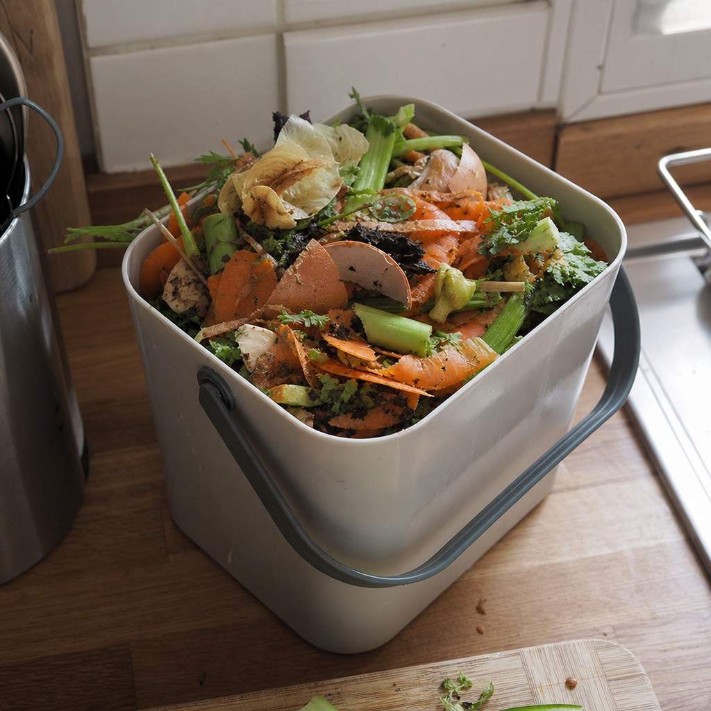 a kitchen caddy of vegetable peelings ready for composting